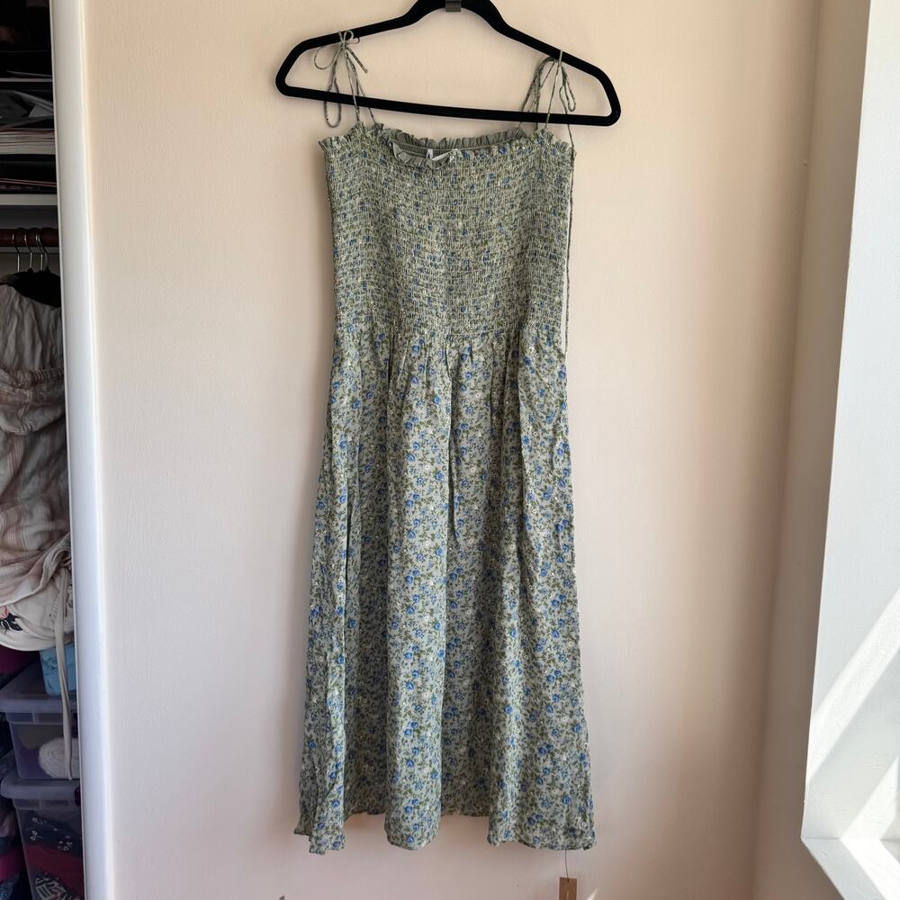 New Reformation Sable Smocked Dress Green Blue Floral Tie Strap Sleeveless Sz L - Picture 4 of 12